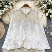 Basic loose long-sleeved polo-neck blouse embroidered with flowers and French-style hook