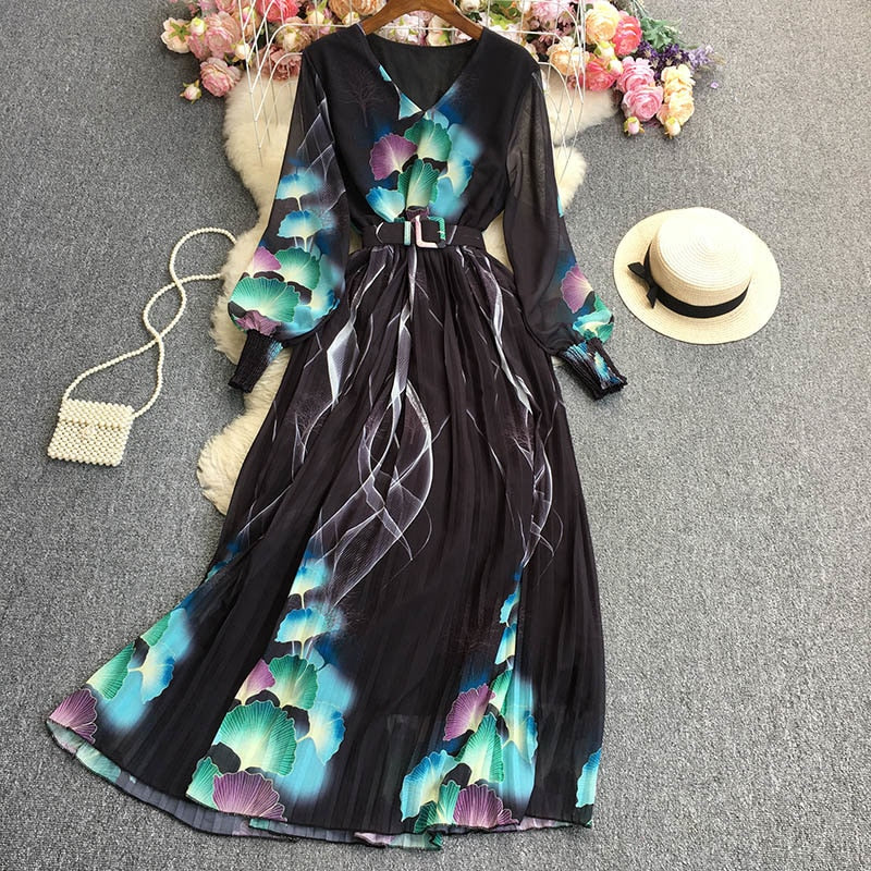 High Quality High Waist Gradient Lace-up Round Neck Pleated Dress