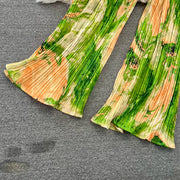 Elegant two-piece set pleated summer chiffon shirt + high-quality floral print pleated wide-leg pants