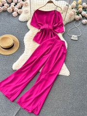 Royal style two-piece set, off-shoulder with high-quality wide-leg pants