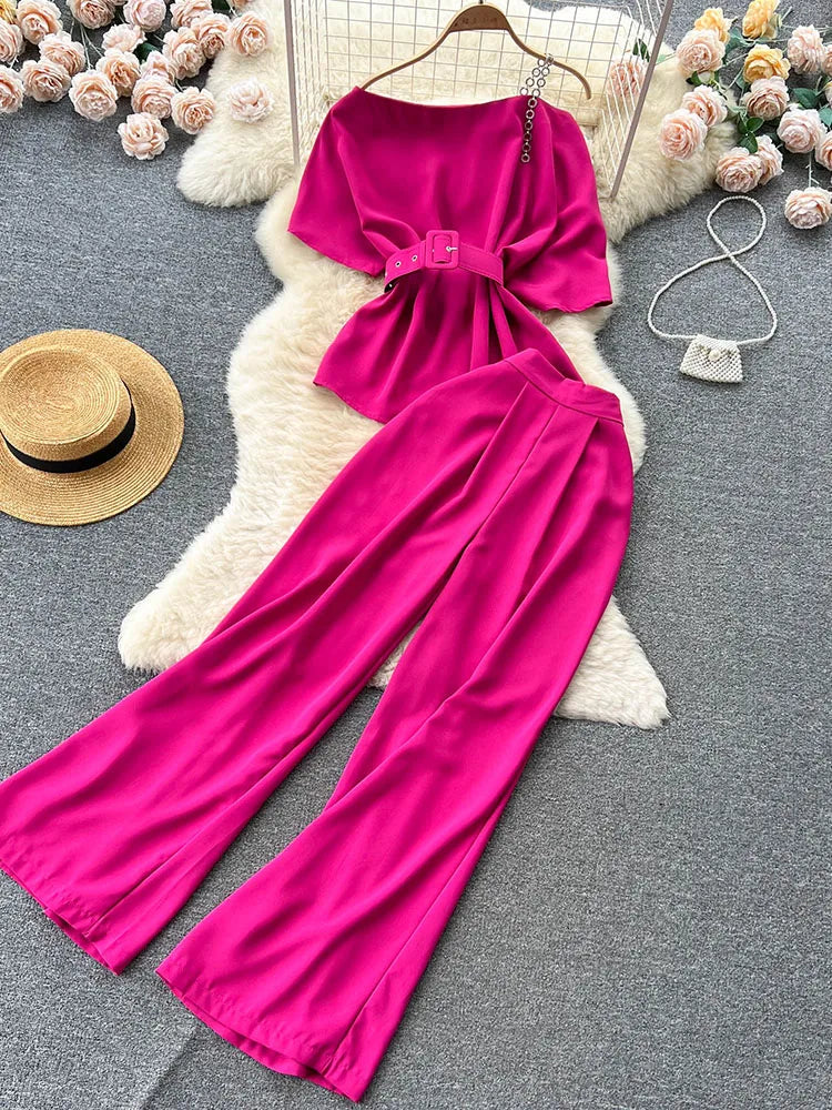 Royal style two-piece set, off-shoulder with high-quality wide-leg pants