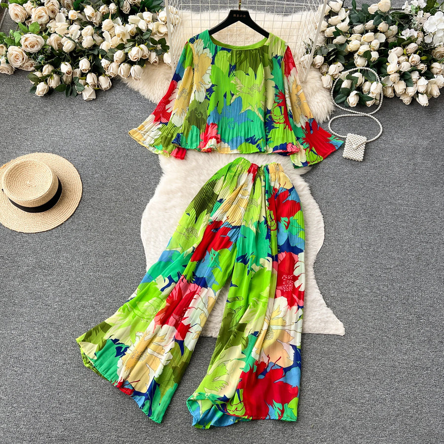 Autumn Women Draped Two Piece Set Bohemian Female Floral Pleated Short Blouse + High Waist Wide Leg Pants Chiffon Suit 2Pcs New