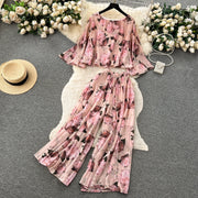 Autumn Women Draped Two Piece Set Bohemian Female Floral Pleated Short Blouse + High Waist Wide Leg Pants Chiffon Suit 2Pcs New