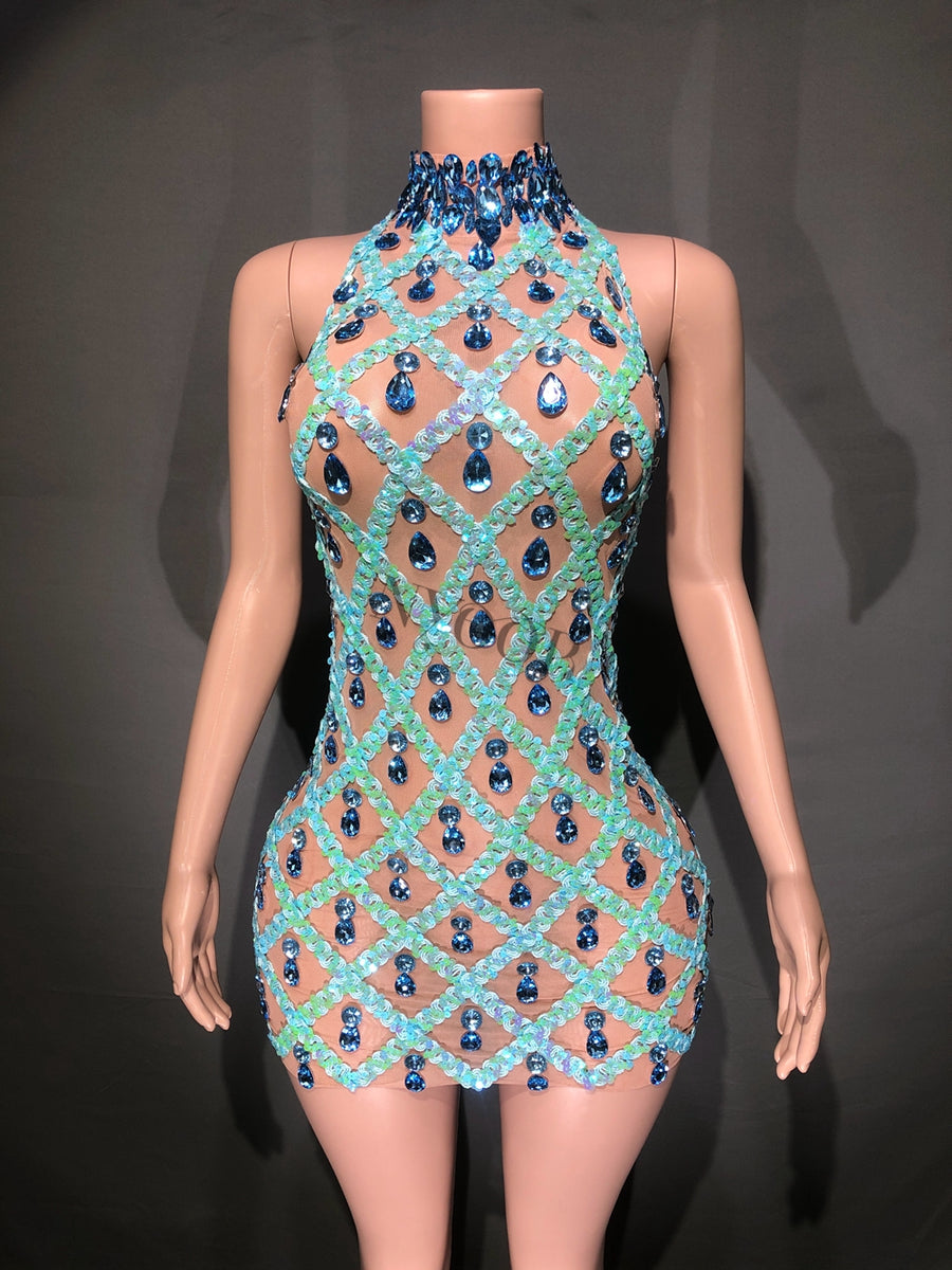 Sheer tight fit short dress with shiny pink sequins and diamonds