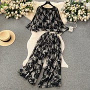 Autumn Women Draped Two Piece Set Bohemian Female Floral Pleated Short Blouse + High Waist Wide Leg Pants Chiffon Suit 2Pcs New