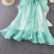 Fashion Temperament Bandage Slim Waist Dress Fairy Gauze Ruffled Long Robe Turn-down Collar Single Breasted Diamonds Vestidos