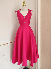 Elegant Thick Satin Special Occasion Evening Prom Dresses For Women Sexy V Neck Cup Padded Diamonds Bow Tank Solid Midi Vestidos