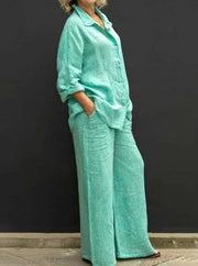 Casual Two Piece Set Cotton Linen Long Sleeve Shirt+Straight Pants