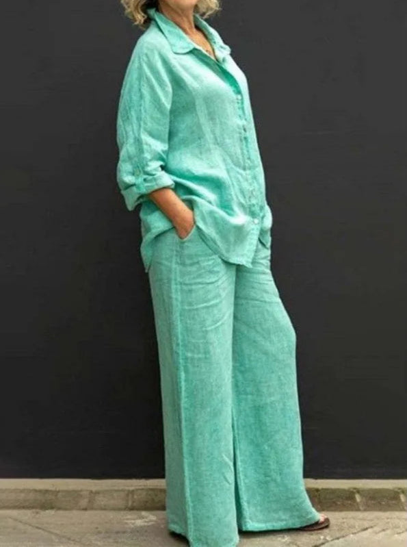 Casual Two Piece Set Cotton Linen Long Sleeve Shirt+Straight Pants