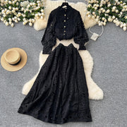 Summer Embroidery Maxi Dress Two Piece Set Women Blue Hollow Lace Long Sleeve Blouse Shirts 3pcs Sets Elastic Waist Skirts Suits