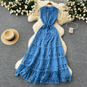 Sexy Hollow Out Embroidery Round Neck Sleeveless Bandage Long Dresses High Quality