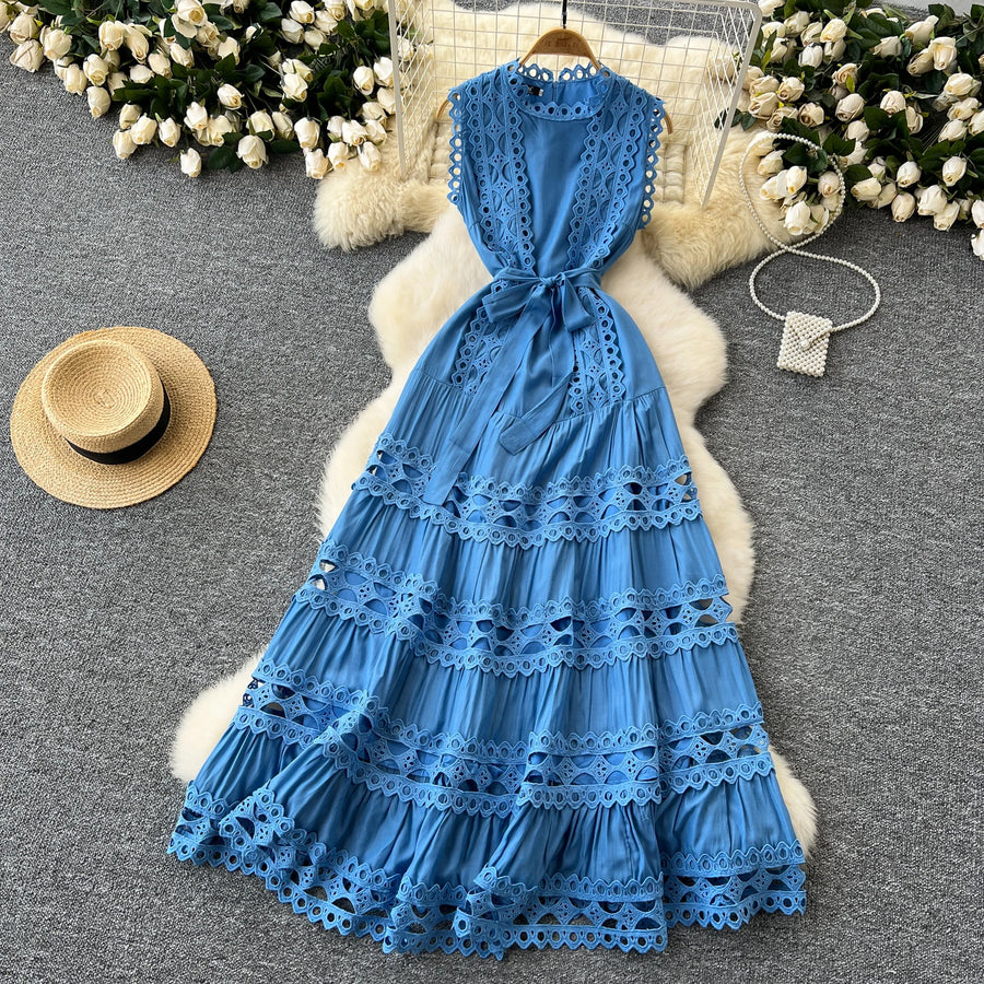 Sexy Hollow Out Embroidery Round Neck Sleeveless Bandage Long Dresses High Quality