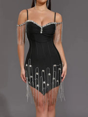 High Quality Elegant Fabric Black White Crystal Beading Sexy Bodycon Mini Dress