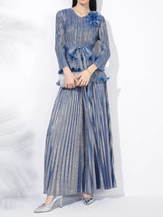 2-piece set of 3D flower pleated niche design lace-up T-shirt + loose elegant wide-leg pants
