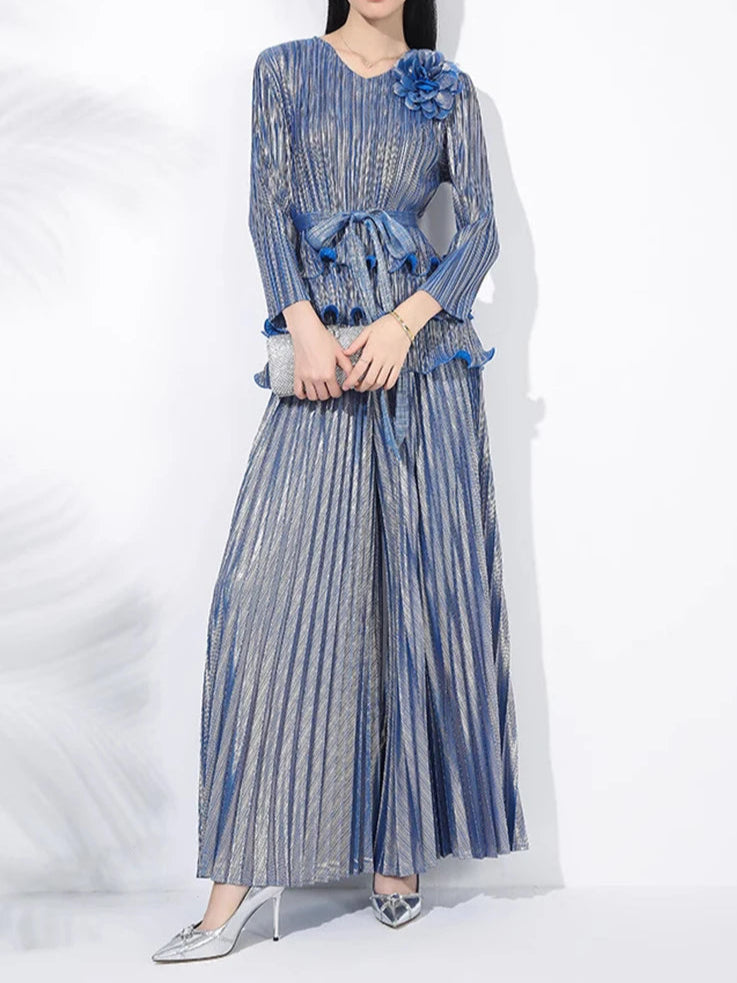 2-piece set of 3D flower pleated niche design lace-up T-shirt + loose elegant wide-leg pants