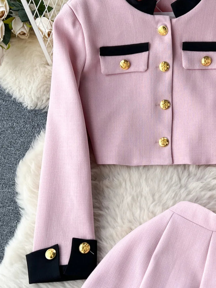 Two Piece Set Stand Collar Double Breasted Jacket+High Waist A-Line Skirts