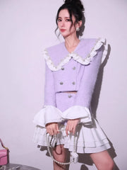 Fashion Sweet Office Lady Pearl Jacket Sets Double Breasted Ruffles Spliced Coat Outfits Light Purple Mini Skirt Two-Piece Set