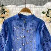 Summer Embroidery Maxi Dress Two Piece Set Women Blue Hollow Lace Long Sleeve Blouse Shirts 3pcs Sets Elastic Waist Skirts Suits