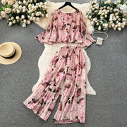 Autumn Women Draped Two Piece Set Bohemian Female Floral Pleated Short Blouse + High Waist Wide Leg Pants Chiffon Suit 2Pcs New