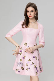 High Quality Elegant Flower Embroidery Pink Black Square Collar Half Sleeve Women Mini Dress