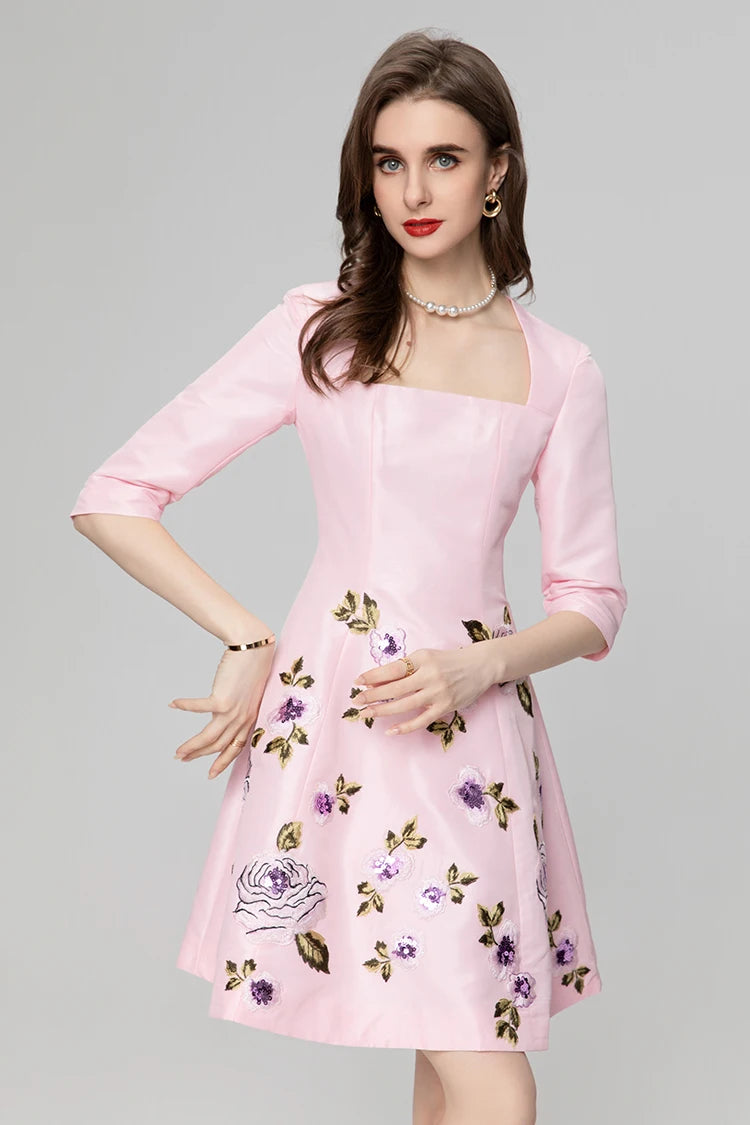 High Quality Elegant Flower Embroidery Pink Black Square Collar Half Sleeve Women Mini Dress