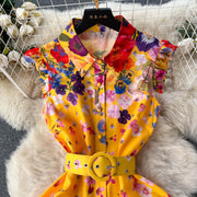 High quality belted ruffle sleeveless flower print dress