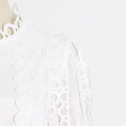 High Quality Stand Collar Long Sleeve Hole Embroidered Dress