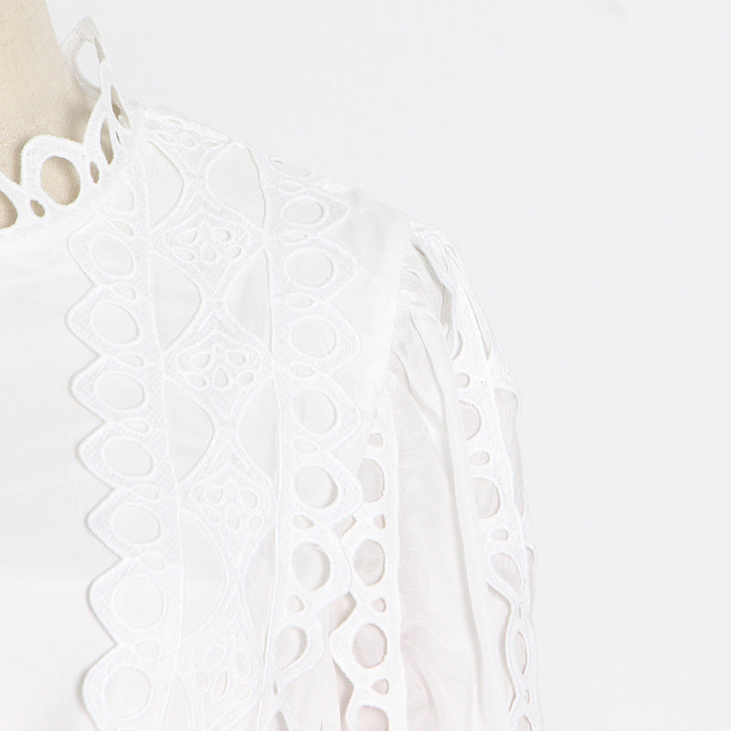 High Quality Stand Collar Long Sleeve Hole Embroidered Dress