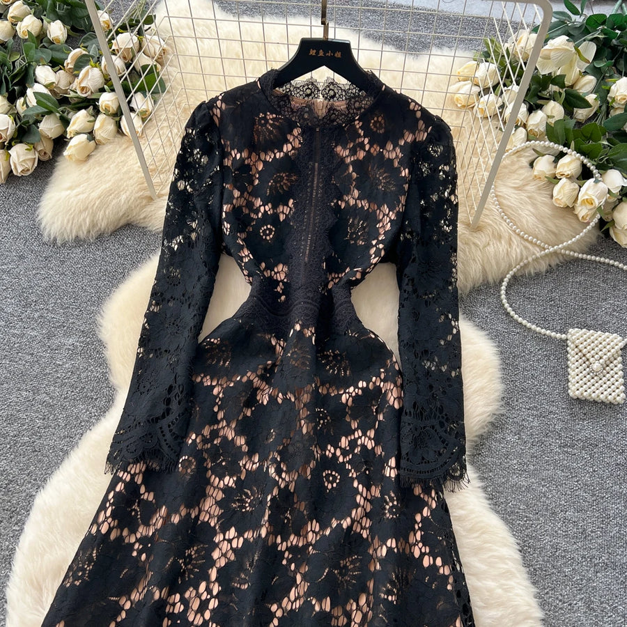 Chic vintage Hook flower hollow lace long sleeve Elegant Fairy korean fashion autumn Party women clothing