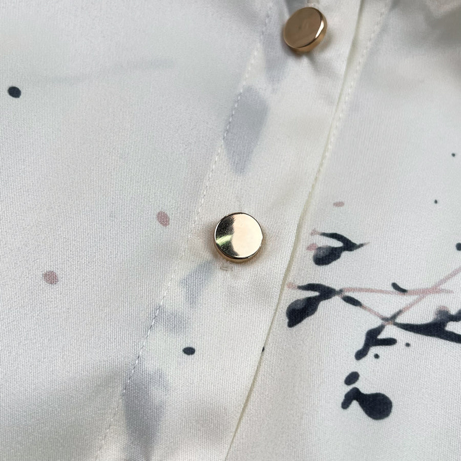 High Quality Satin Ink Print Polo Neck Long Sleeve A-Line Shirt Dress