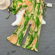 Elegant two-piece set pleated summer chiffon shirt + high-quality floral print pleated wide-leg pants
