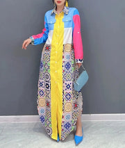 High Quality Prints Loose Patchwork Elegant Lapel Color Block Shirt Dress