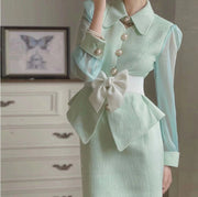 Dress Sets Women  Vintage Beading V-neck Jacket + Skirts Female Woolen Blend Evening Luxury 2 Piece Set