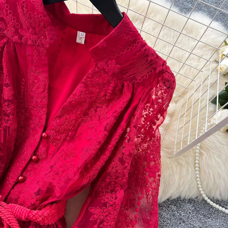 Luxury Embroidery Formal Dresses Women Summer Autumn Lantern Long Sleeve Lace Vestidos Pearl Prom Evening Birthday Dress Party