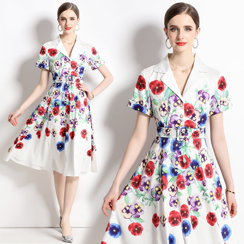 High Quality Belted Floral Print Short Sleeve Notched Neck Short Sleeve Vintage Flower Shirt Dress