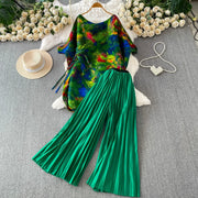 Loose Fit Miyake Style Pleated Matching Suit Women Oversized Bat Sleeve Drawstring Print Tunic + Pleated Wide Leg Pants Set