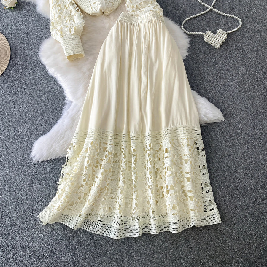 Skirt Sets Women Clothing Temperament Two Piece Set Patchwork Lace Blouses High Waist Hollow Out Long Skirts Suit Summer Outfits