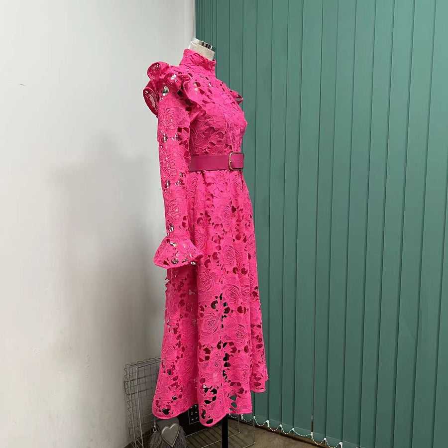 High quality French temperament water soluble lace single-breasted hollow long-sleeved dress