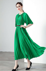 High Quality Printed Round Neck Lace Up Belt Maxi Pleated Long Dress
