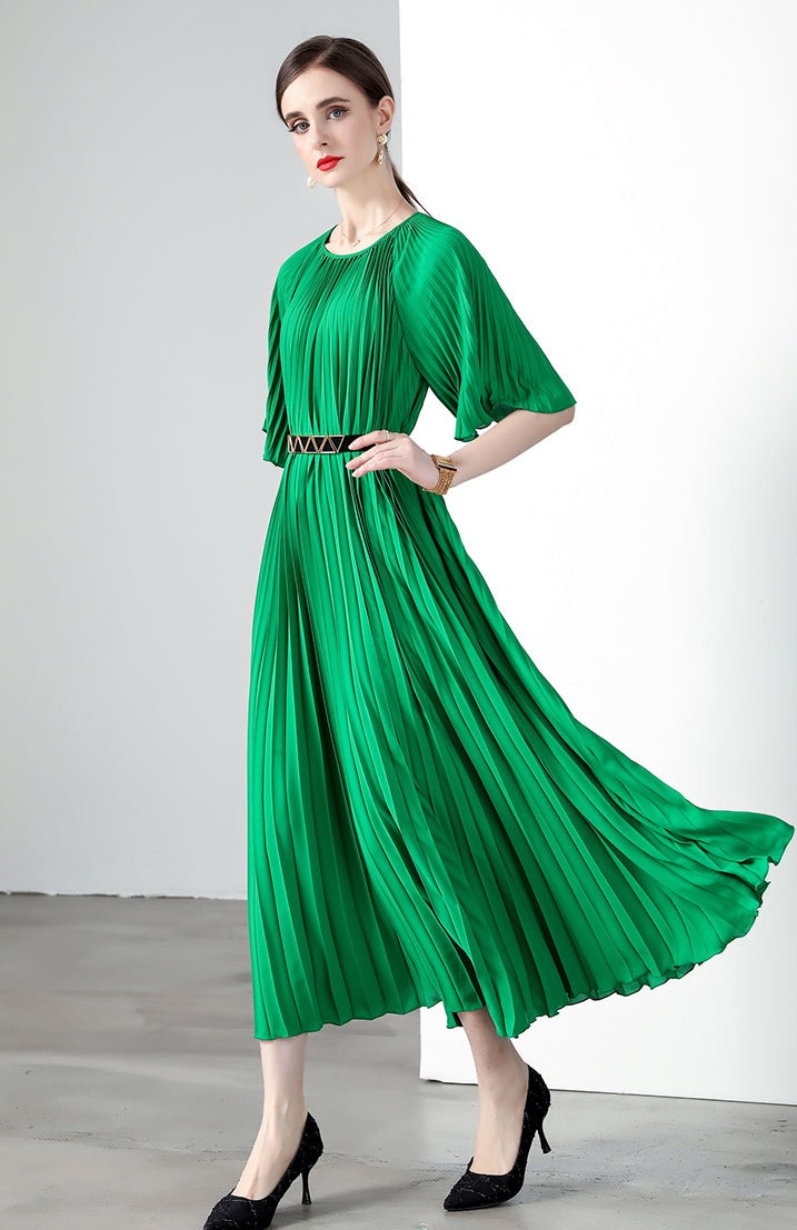 High Quality Printed Round Neck Lace Up Belt Maxi Pleated Long Dress
