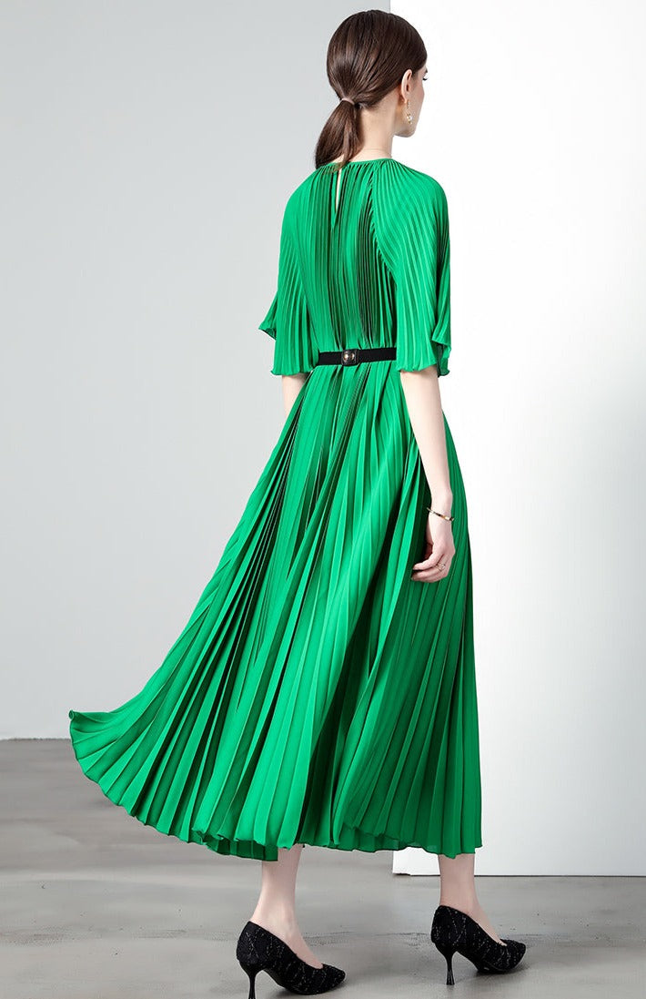 High Quality Printed Round Neck Lace Up Belt Maxi Pleated Long Dress