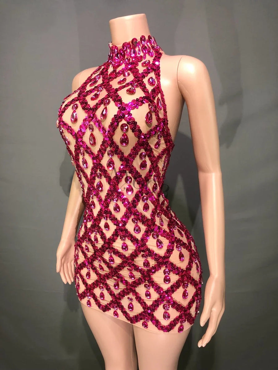 Sheer tight fit short dress with shiny pink sequins and diamonds