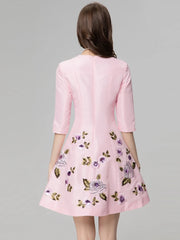 High Quality Elegant Flower Embroidery Pink Black Square Collar Half Sleeve Women Mini Dress