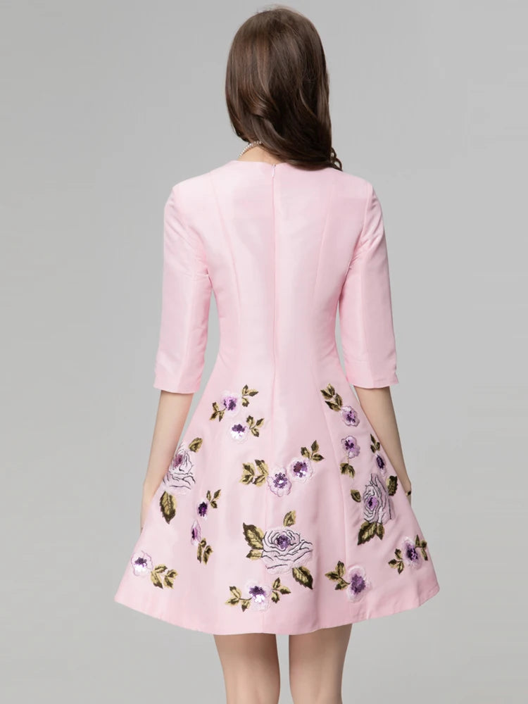 High Quality Elegant Flower Embroidery Pink Black Square Collar Half Sleeve Women Mini Dress