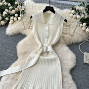 Ribbed Knit Dress Sleeveless Lapel Belt French Ins Chic Spring Summer Celebrity Style Feminine A-line Long Dress