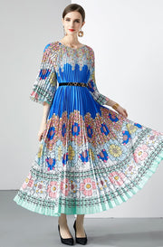 High Quality Pleated Round Neck Lace Up Belt Loose Printed Maxi Long Dress