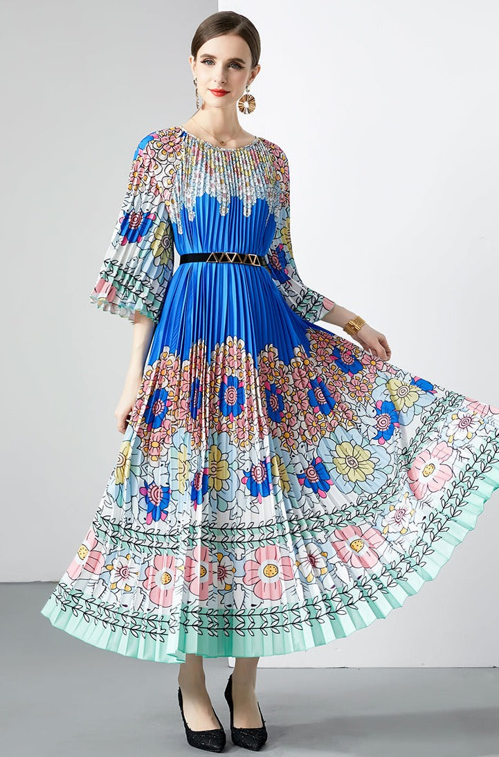 High Quality Pleated Round Neck Lace Up Belt Loose Printed Maxi Long Dress