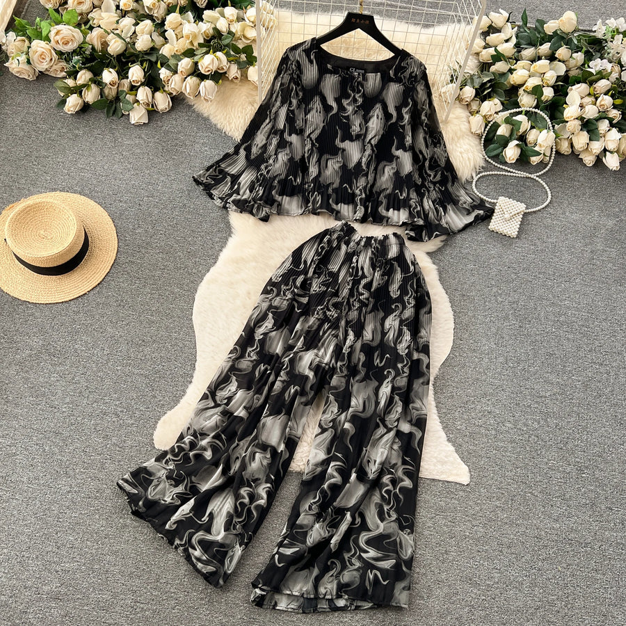 Autumn Women Draped Two Piece Set Bohemian Female Floral Pleated Short Blouse + High Waist Wide Leg Pants Chiffon Suit 2Pcs New