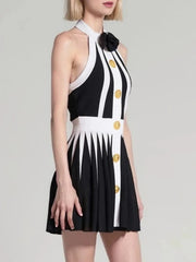 Black White Striped Buttons 3D Pink Pleated Sexy Sleeveless Knitted Mini Dress