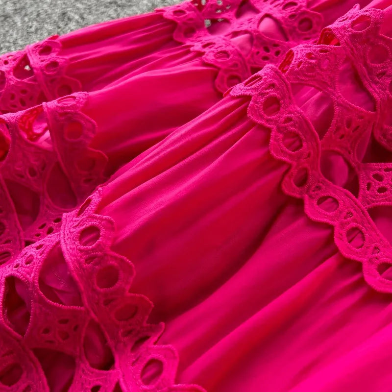 Sexy Hollow Out Embroidery Round Neck Sleeveless Bandage Long Dresses High Quality